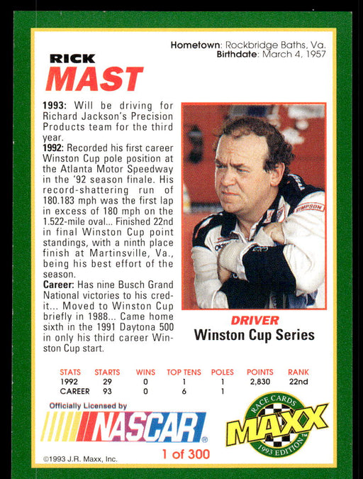 Rick Mast 1993 Maxx Race Cards Base Back of Card