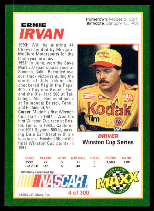 Ernie Irvan 1993 Maxx Race Cards Base Back of Card