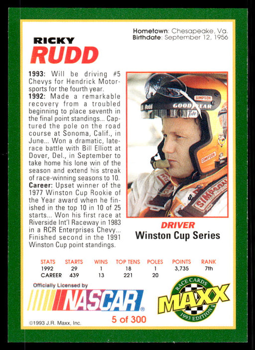 Ricky Rudd 1993 Maxx Race Cards Base Back of Card