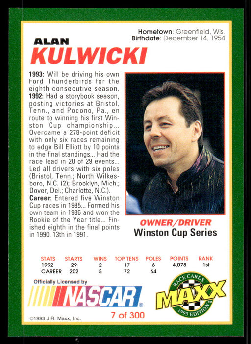 Alan Kulwicki 1993 Maxx Race Cards Base Back of Card