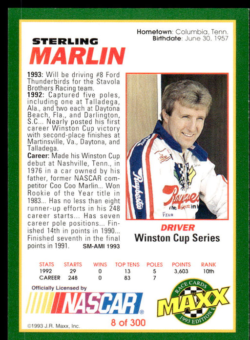 Sterling Marlin 1993 Maxx Race Cards Base Back of Card