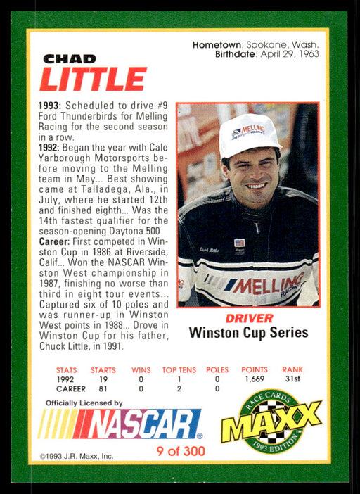 Chad Little 1993 Maxx Race Cards Base Back of Card