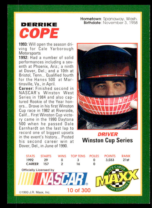 Derrike Cope 1993 Maxx Race Cards Base Back of Card