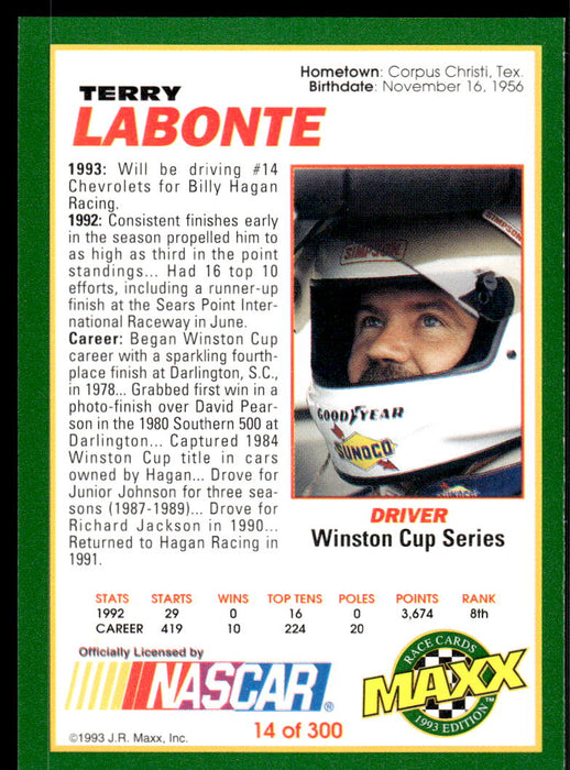 Terry Labonte 1993 Maxx Race Cards Base Back of Card