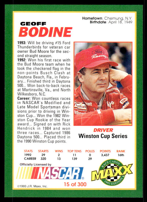 Geoff Bodine 1993 Maxx Race Cards Base Back of Card