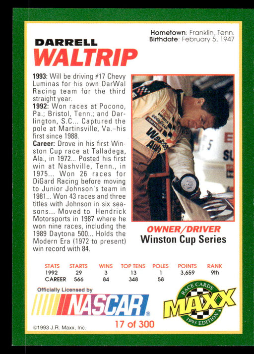 Darrell Waltrip 1993 Maxx Race Cards Base Back of Card