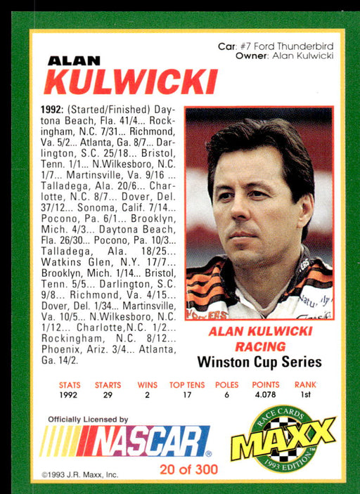 Alan Kulwicki 1993 Maxx Race Cards Base Back of Card