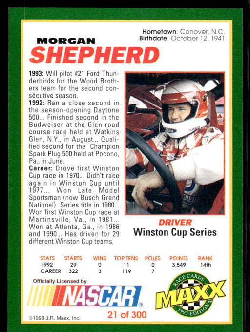 Morgan Shepherd 1993 Maxx Race Cards Base Back of Card