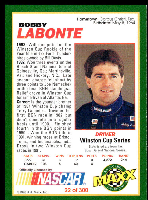 Bobby Labonte 1993 Maxx Race Cards Base Back of Card