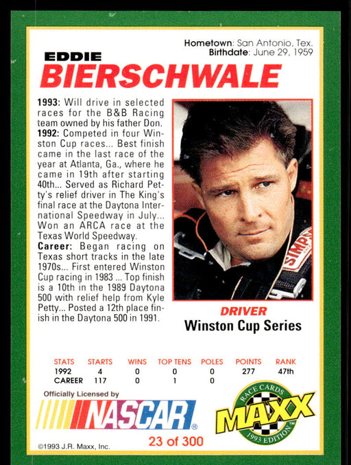 Eddie Bierschwale 1993 Maxx Race Cards Base Back of Card