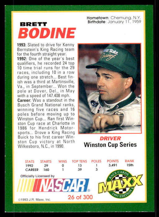 Brett Bodine 1993 Maxx Race Cards Base Back of Card