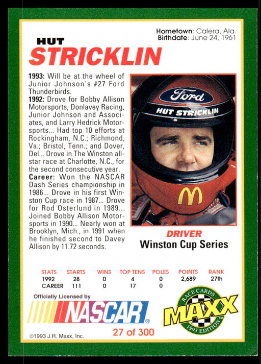 Hut Stricklin 1993 Maxx Race Cards Base Back of Card