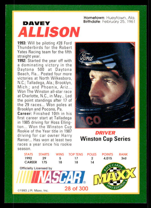 Davey Allison 1993 Maxx Race Cards Base Back of Card