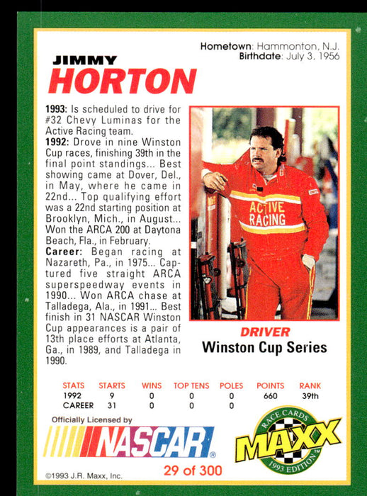 Jimmy Horton 1993 Maxx Race Cards Base Back of Card