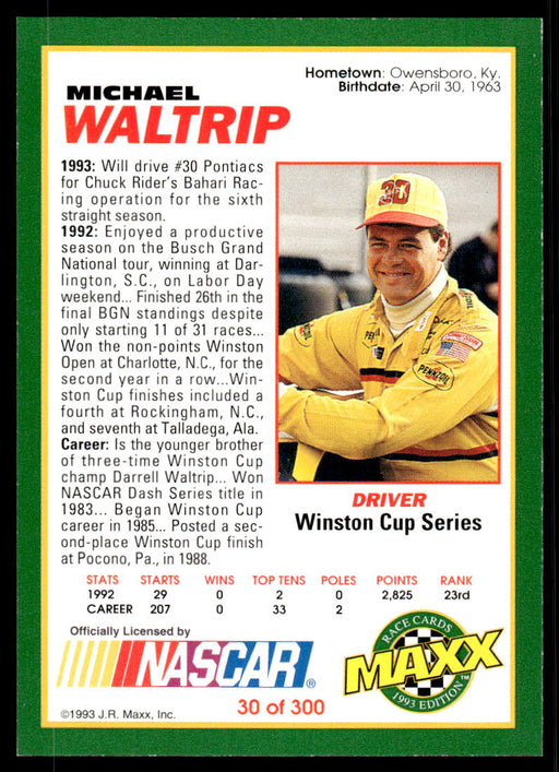 Michael Waltrip 1993 Maxx Race Cards Base Back of Card