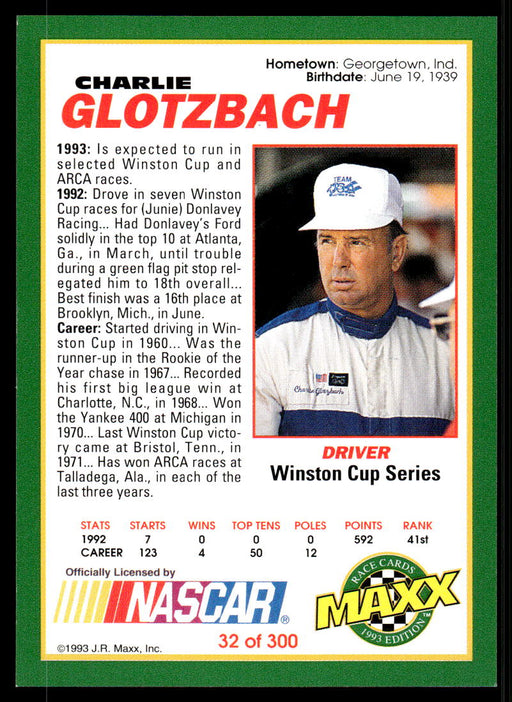 Charlie Glotzbach 1993 Maxx Race Cards Base Back of Card
