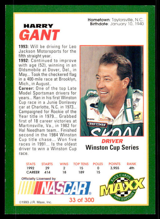 Harry Gant 1993 Maxx Race Cards Base Back of Card