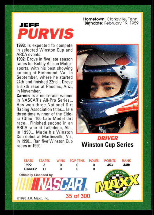 Jeff Purvis 1993 Maxx Race Cards Base Back of Card