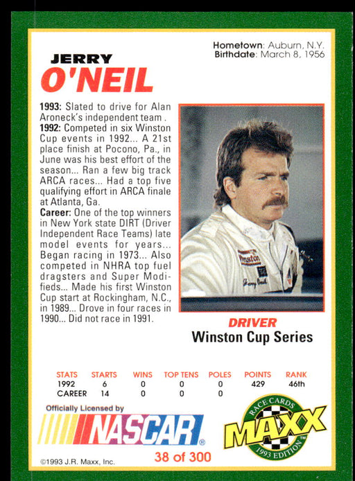 Jerry O'Neil 1993 Maxx Race Cards Base Back of Card