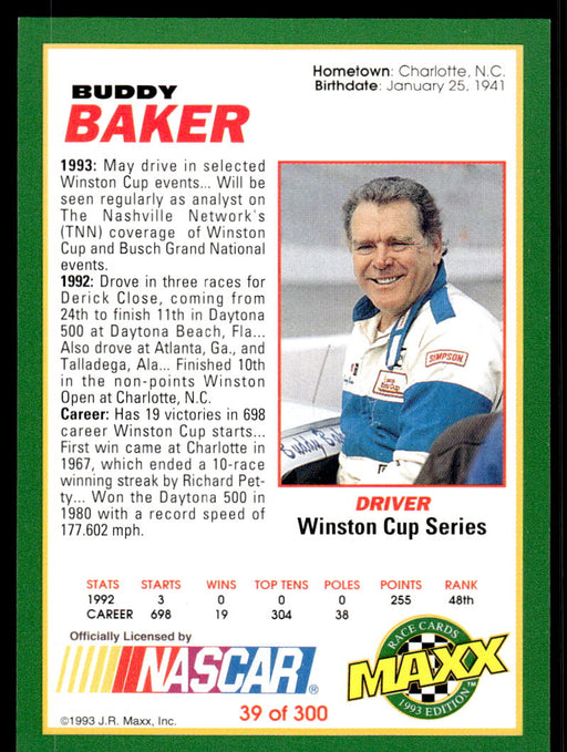 Buddy Baker 1993 Maxx Race Cards Base Back of Card