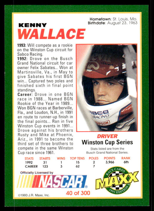 Kenny Wallace 1993 Maxx Race Cards Base Back of Card