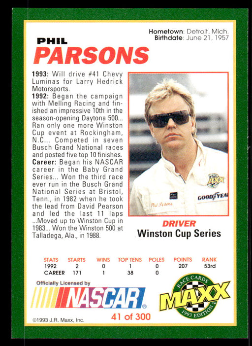 Phil Parsons 1993 Maxx Race Cards Base Back of Card