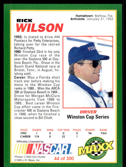 Rick Wilson 1993 Maxx Race Cards Base Back of Card