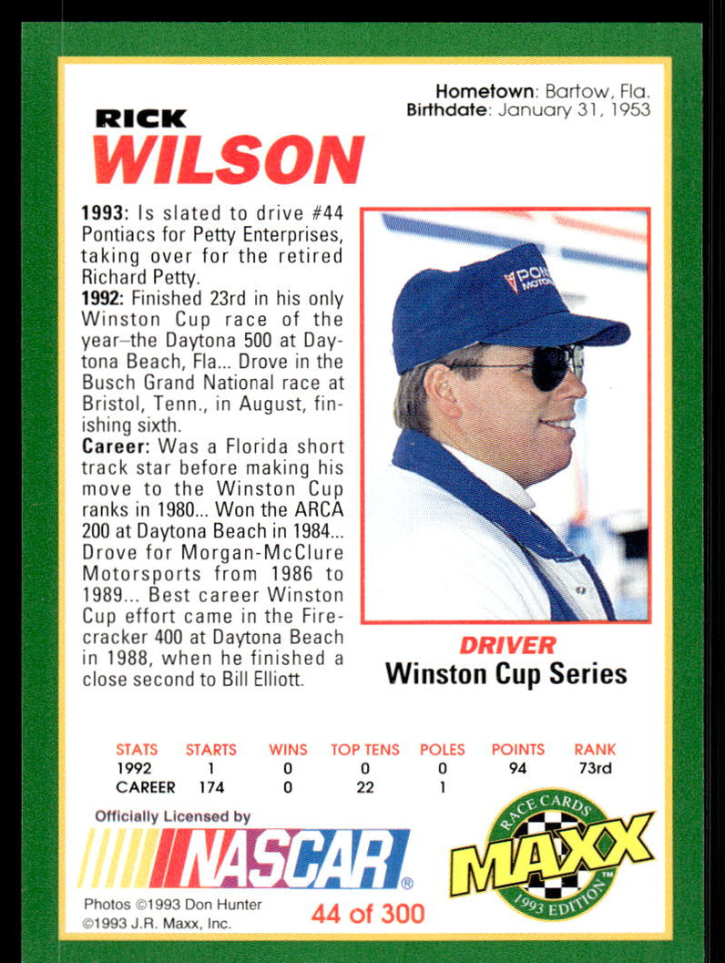 Maxx Ric Kwilson Rick Wilson 1993 Maxx Race Cards # 44 Base — Collectible Craze America