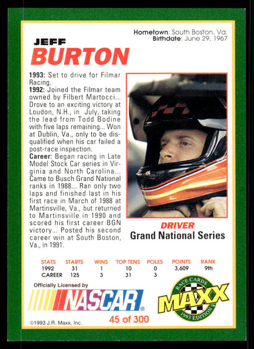 Jeff Burton 1993 Maxx Race Cards Base Back of Card