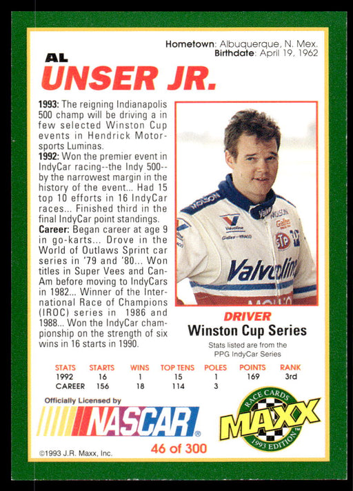 Al Unser Jr. 1993 Maxx Race Cards Base Back of Card