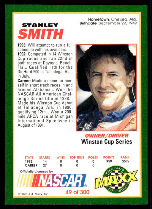 Stanley Smith 1993 Maxx Race Cards Base Back of Card