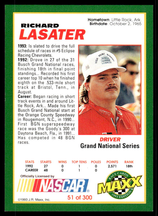 Richard Lasater 1993 Maxx Race Cards Base Back of Card