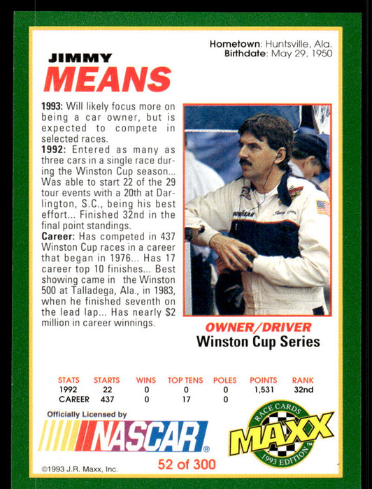 Jimmy Means 1993 Maxx Race Cards Base Back of Card