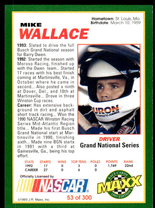 Mike Wallace 1993 Maxx Race Cards Base Back of Card