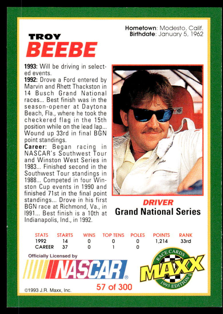 Troy Beebe 1993 Maxx Race Cards # 57 Base — Collectible Craze America
