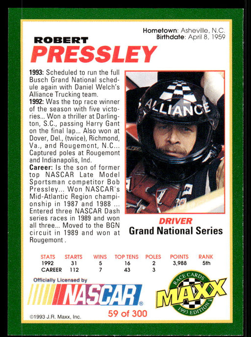 Robert Pressley 1993 Maxx Race Cards Base Back of Card