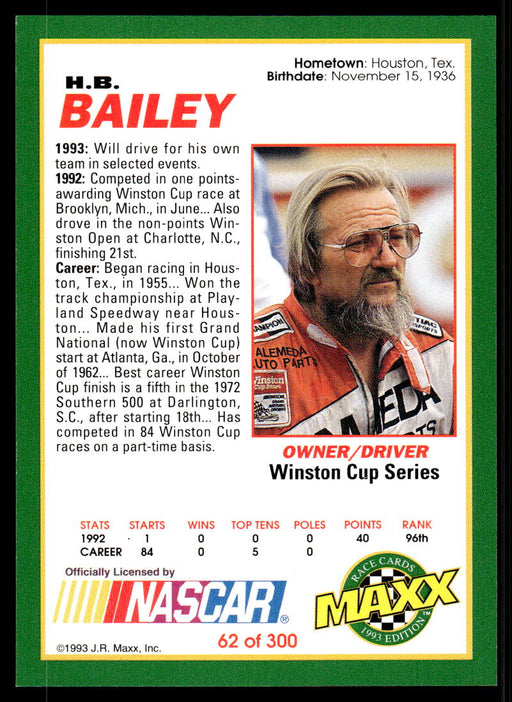 HB Bailey 1993 Maxx Race Cards Base Back of Card