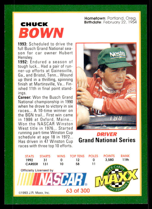 Chuck Bown 1993 Maxx Race Cards Base Back of Card