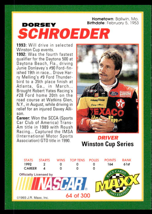 Dorsey Schroeder 1993 Maxx Race Cards Base Back of Card