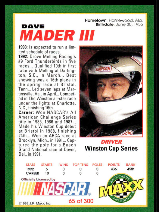 Dave Mader III 1993 Maxx Race Cards Base Back of Card