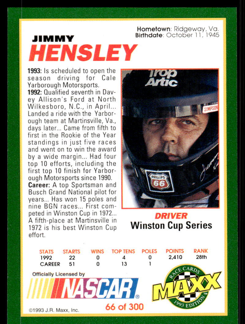 Jimmy Hensley 1993 Maxx Race Cards # 66 Base — Collectible Craze America
