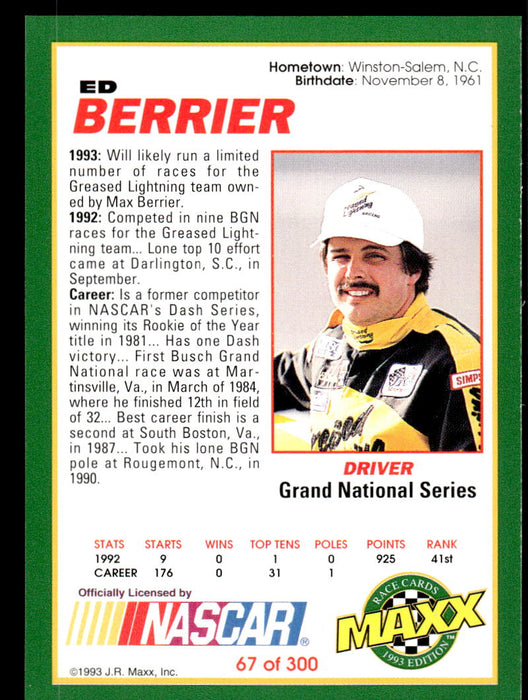 Ed Berrier 1993 Maxx Race Cards Base Back of Card