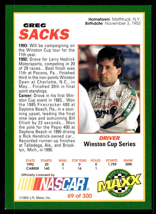 Greg Sacks 1993 Maxx Race Cards Base Back of Card