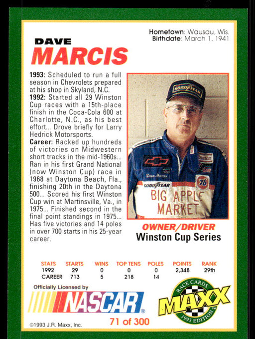 Dave Marcis 1993 Maxx Race Cards Base Back of Card