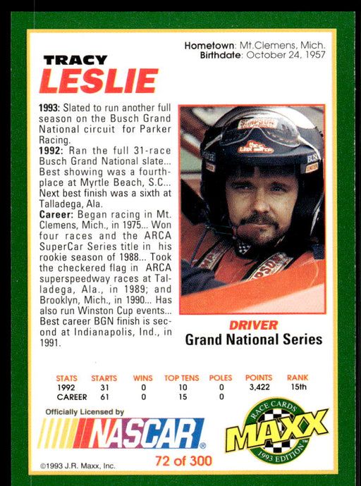 Tracy Leslie 1993 Maxx Race Cards Base Back of Card