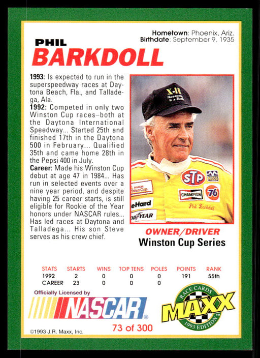 Phil Barkdoll 1993 Maxx Race Cards Base Back of Card