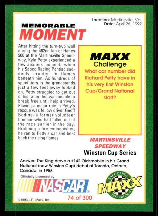 Kyle Petty 1993 Maxx Race Cards Base Back of Card