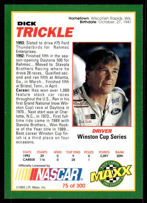 Dick Trickle 1993 Maxx Race Cards Base Back of Card