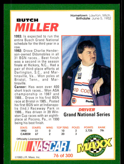 Butch Miller 1993 Maxx Race Cards Base Back of Card