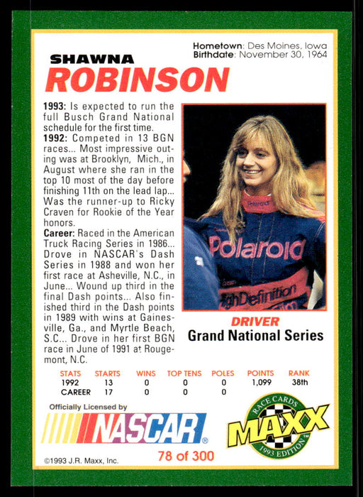 Shawna Robinson 1993 Maxx Race Cards Base Back of Card